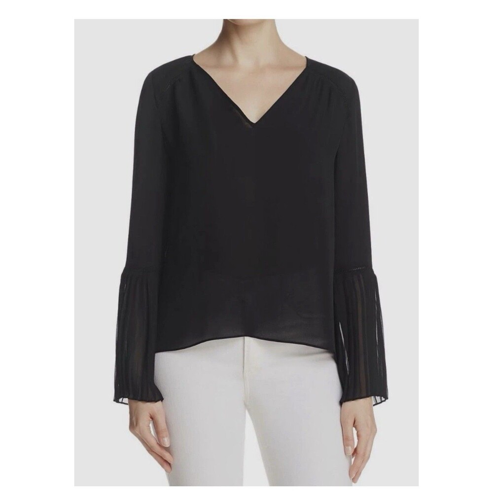 $345 Ramy Brook Black Silk Chiffon Sonia Blouse Size Small Boxy Shirt Bell Slv